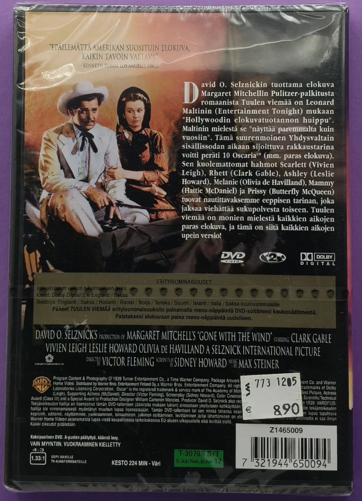 UUSI (DVD) Tuulen Viemää  - Gone With The Wind (1939)