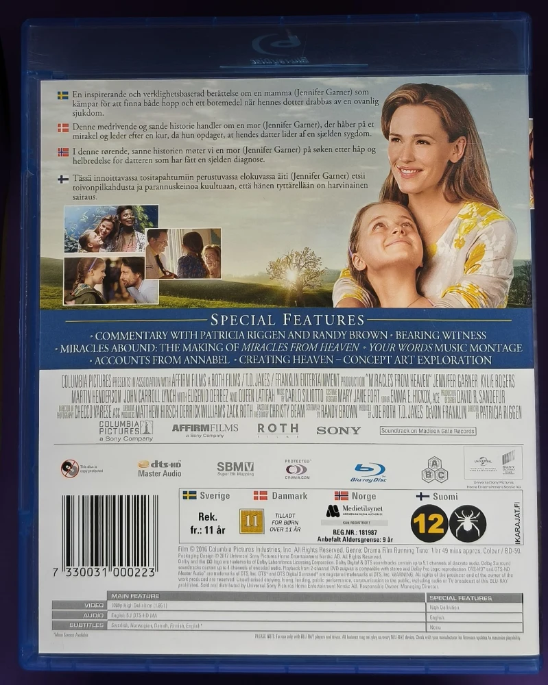 BLU-RAY) Miracles From Heaven (2016) Jennifer Garner
