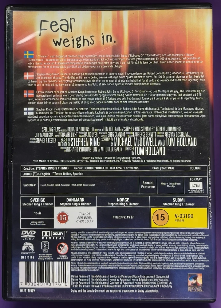 DVD) Stephen Kingin Vainottu - Thinner (1996)
