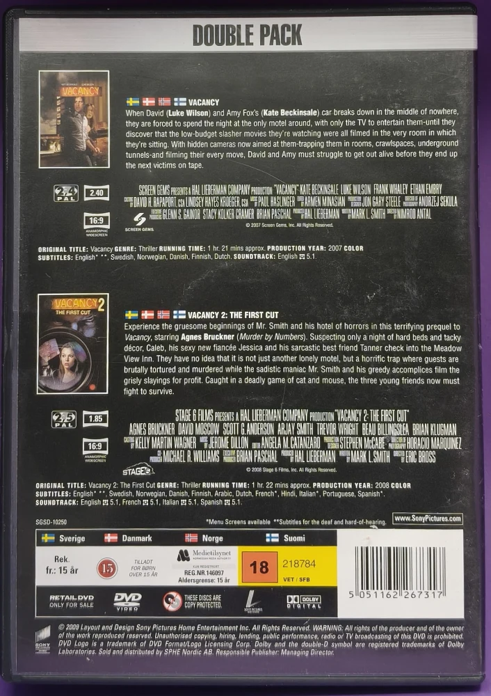 2 DVD) Vacancy 1 (2007) & 2 (2009) SUOMITEKSTIT