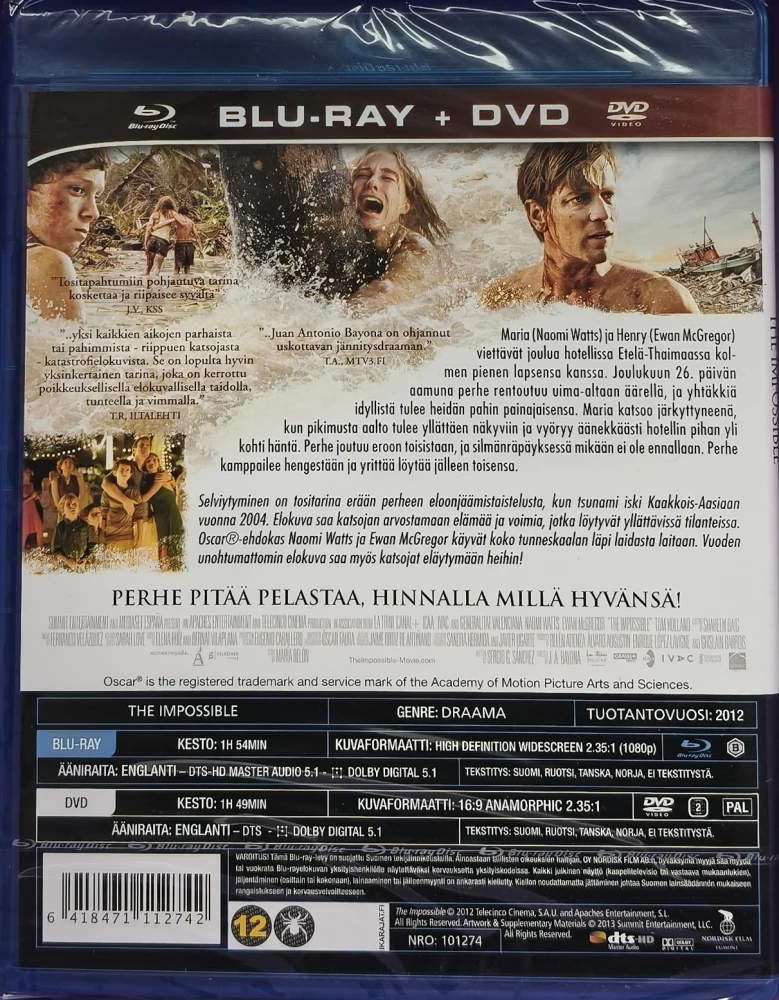 UUSI (BLU-RAY+DVD) Naomi Watts: Selviytyminen (2012) SUOMIKANNET