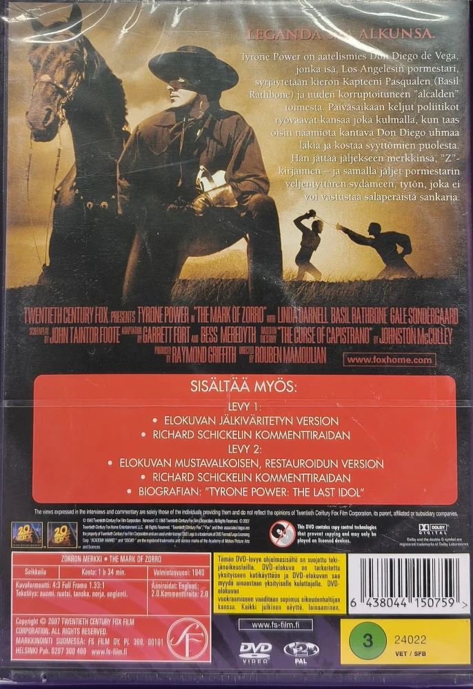 UUSI (2 DVD) Zorron merkki - The Mark of Zorro (1940)
