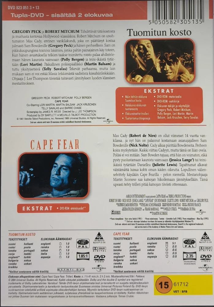2 DVD) Cape Fear - tuomitun kosto (1962) & (1991) SUOMIKANNET