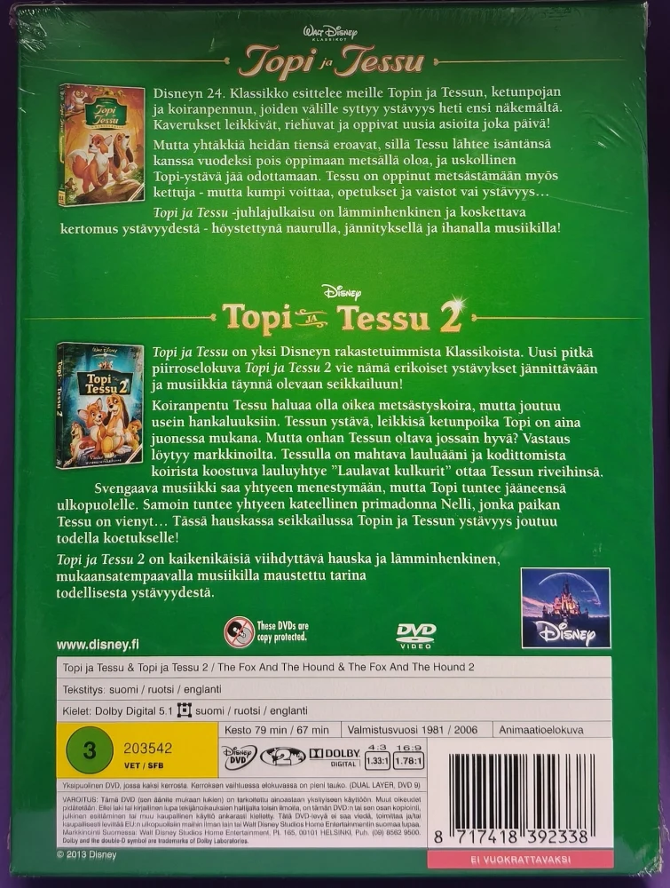 UUSI (2 DVD) WALT DISNEY: TOPI JA TESSU 1 ja 2 (1981 & 2006)