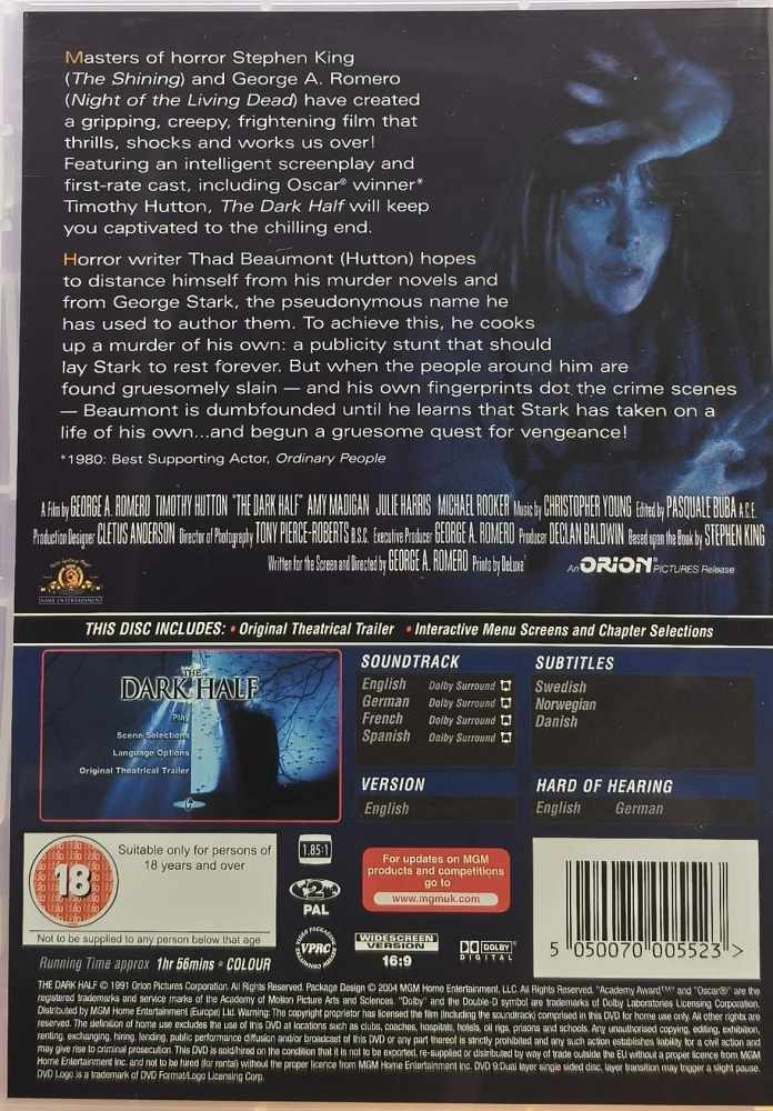 DVD) Stephen King: The Dark Half (1994) O: George A. Romero