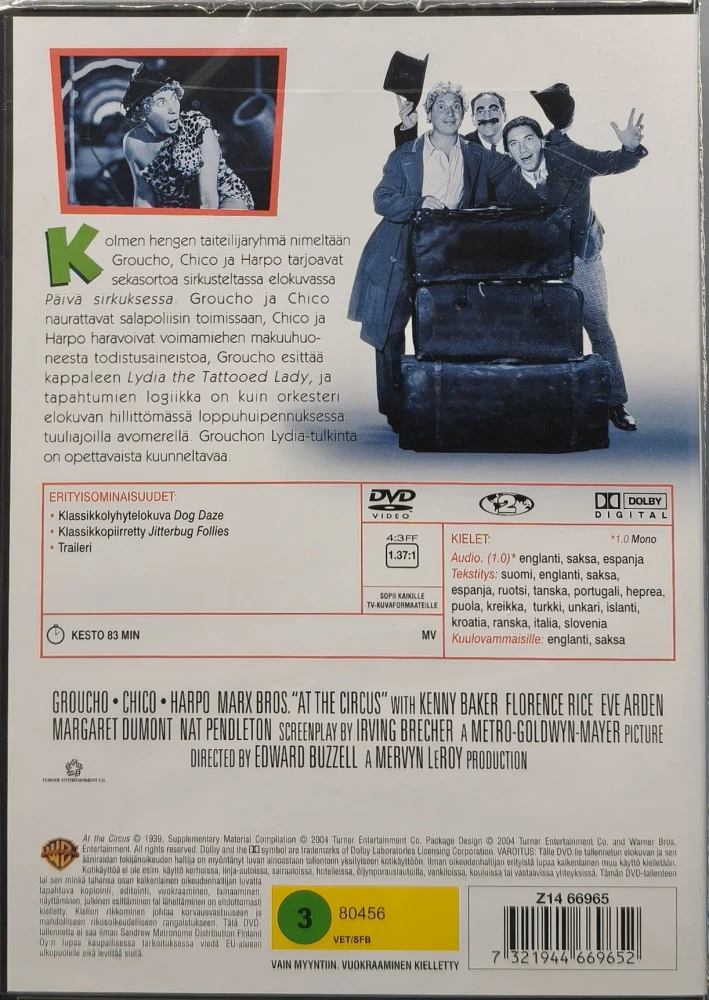 UUSI (DVD) Marx-veljekset: Päivä sirkuksessa (1939)