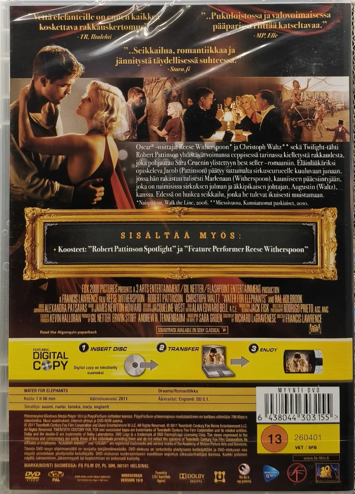 UUSI (DVD) Reese Witherspoon: Vettä elefanteille (2011)