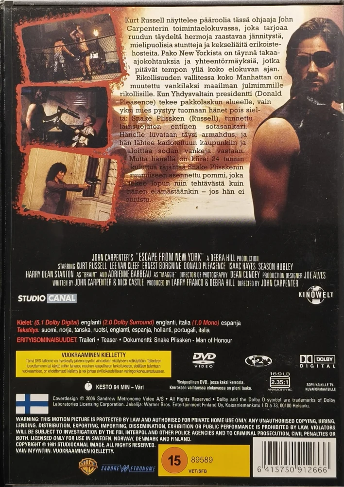 DVD) John Carpenter: Pako New Yorkista (1981) SUOMIKANNET