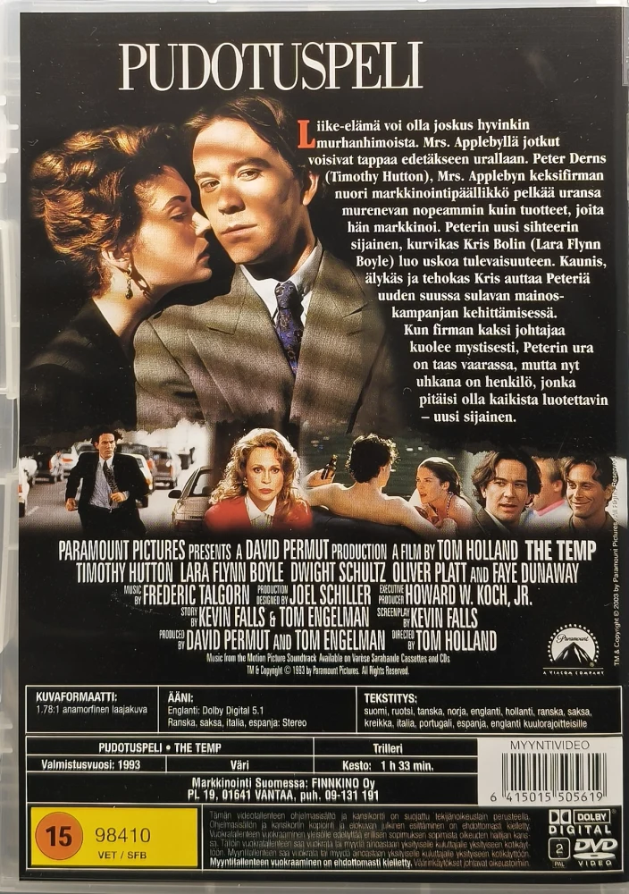 DVD) Lara Flynn Boyle, Timothy Hutton: Pudotuspeli - The Temp (1993) SUOMIKANNET