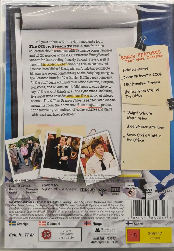 UUSI (4 DVD) Steve Carell: The Office (USA) Kausi 3 - SUOMITEKSTIT