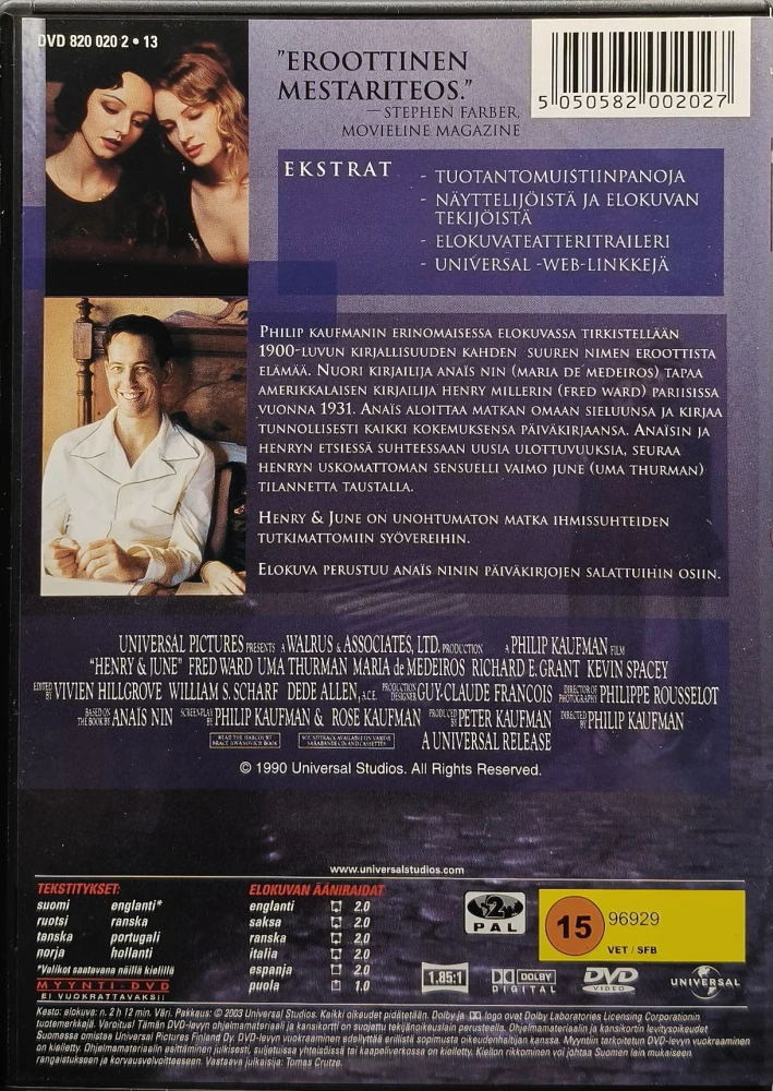 DVD) Uma Thurman: Henry ja June (1990) SUOMIKANNET
