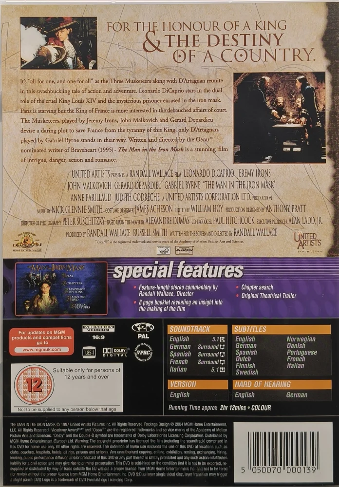 DVD) Leonardo DiCaprio: The Man in the Iron Mask - Rautanaamio (1997) SUOMITEKSTIT