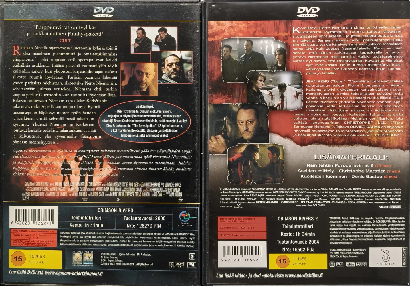 3 DVD) Jean Reno: Purppuravirrat 1 & 2 - SUOMIKANNET (2000 & 2004)