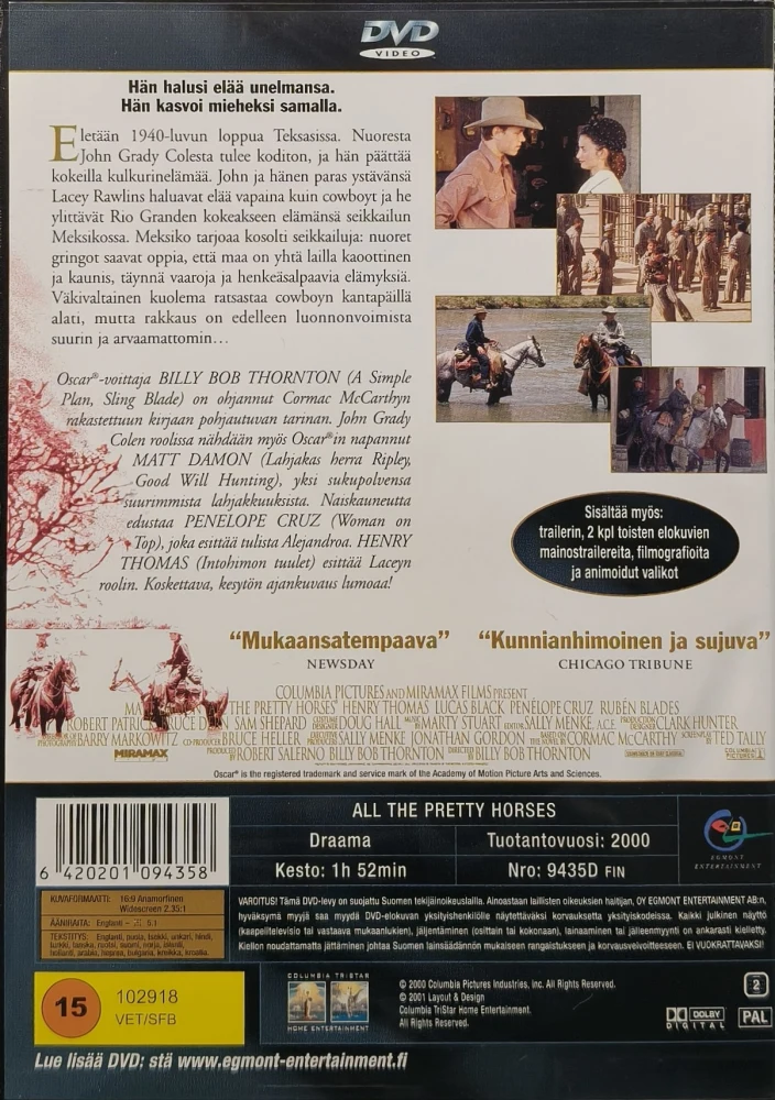 DVD) Matt Damon, Penelope Cruz: Kaikki kauniit hevoset (2000) EGMONT