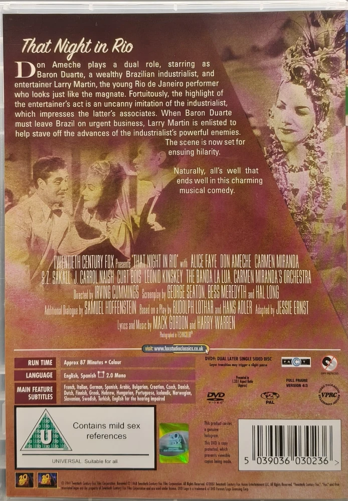 DVD) Alice Faye: That Night In Rio - Yö Riossa (1941)