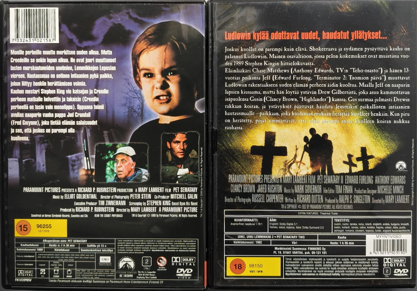 2 DVD) Uinu, uinu lemmikkini -  Pet Sematary (1 & 2) SUOMIKANNET (1989/1992)