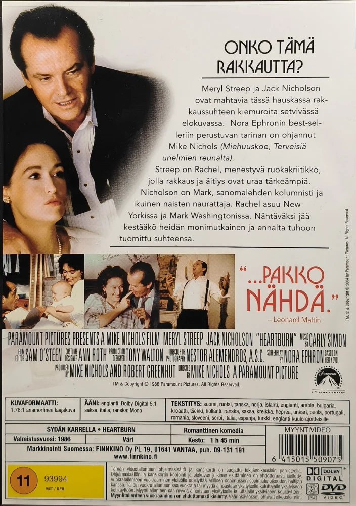 DVD) Jack Nicholson, Meryl Streep: Sydän karrella (1986)