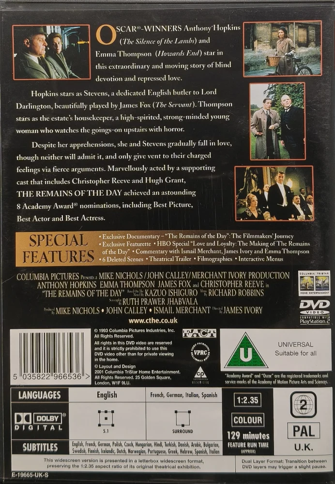 DVD) Anthony Hopkins: Remains Of The Day - Pitkän Päivän Ilta (1993)