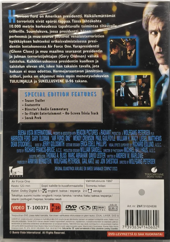 UUSI (DVD) Harrison Ford: Air Force One (1997) SUOMIKANNET