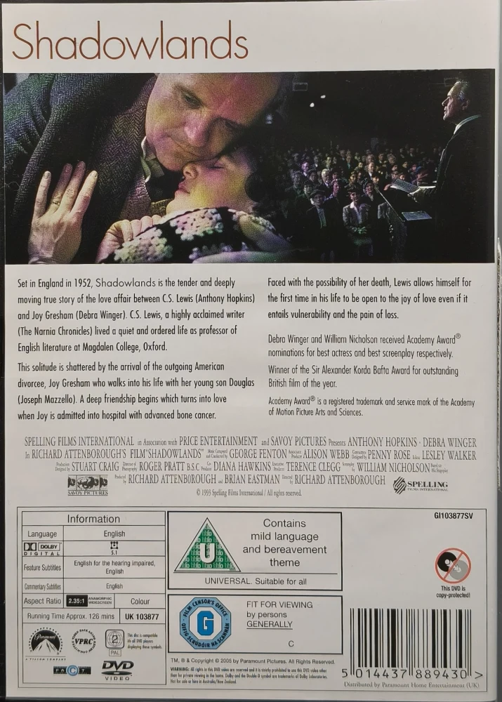 DVD) Anthony Hopkins: Shadowlands - Varjojen maat (1993)