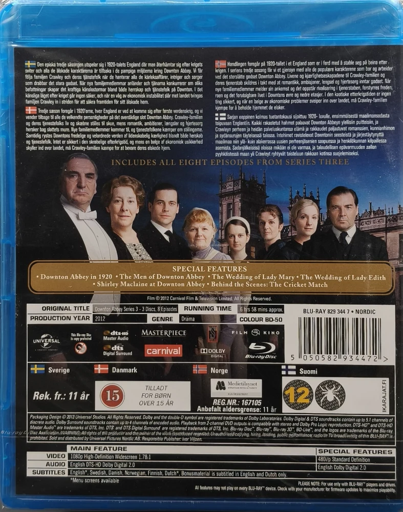 UUSI (3 BLU-RAY) DOWNTON ABBEY: KAUSI 3 (2012) SUOMITEKSTIT