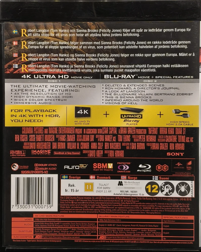 4K ULTRA HD + BLU-RAY) Tom Hanks: INFERNO (2016)