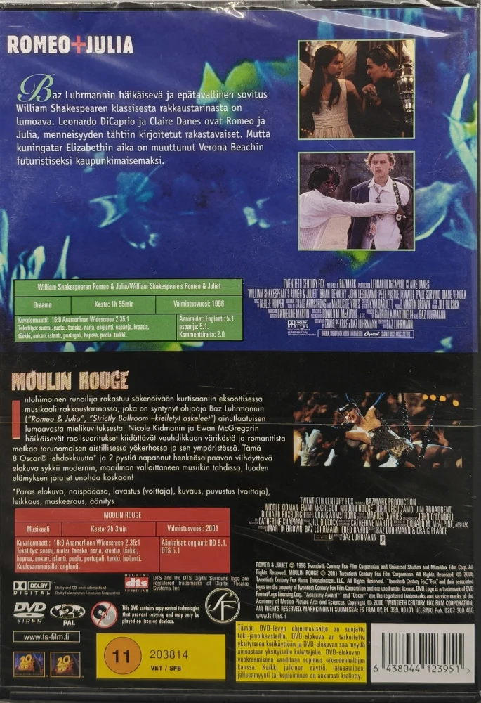 UUSI (2 DVD) Romeo + Julia (1996) & Moulin Rouge (2001) SUOMIKANNET