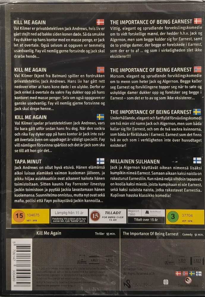UUSI (DVD) Kill Me Again - Tapa minut & The Importance of Being Earnest - Millainen sulhanen (1989/1952)