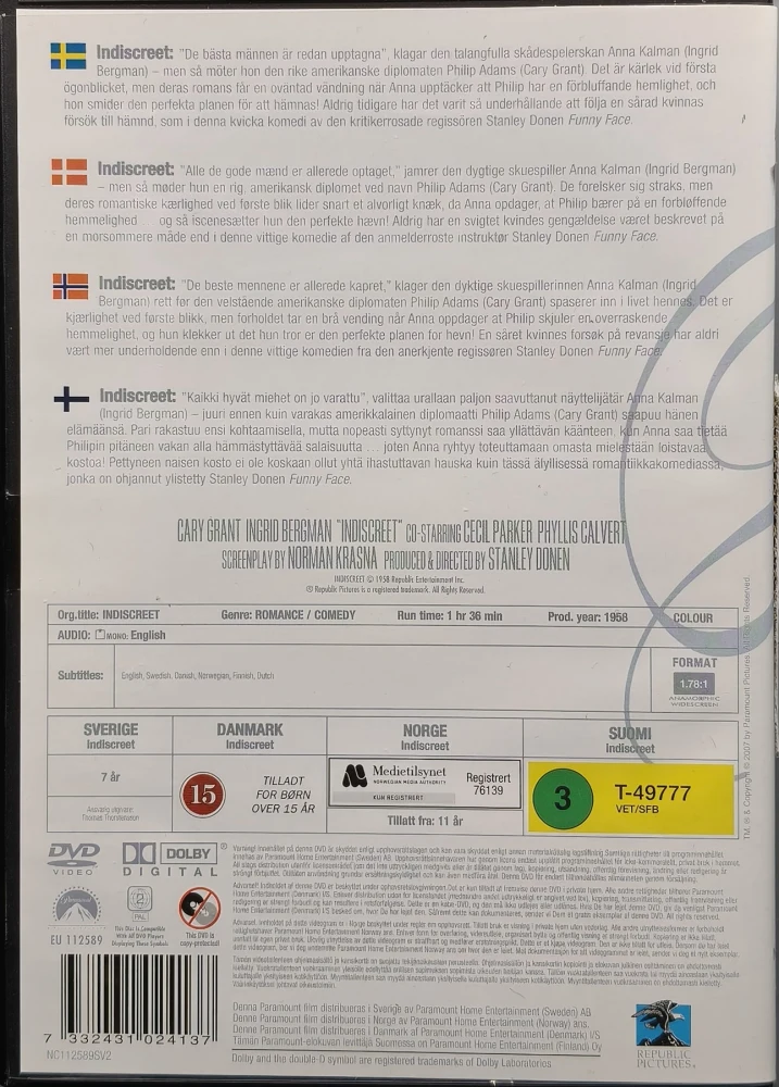 DVD) Cary Grant, Ingrid Bergman: Indiscreet - Hätävalhe (1958) SUOMITEKSTIT