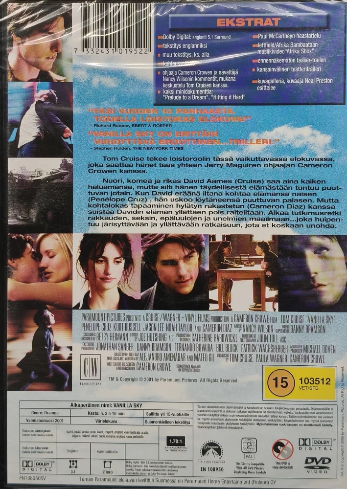 UUSI (DVD) Tom Cruise: Vanilla Sky (2001) SUOMIKANNET