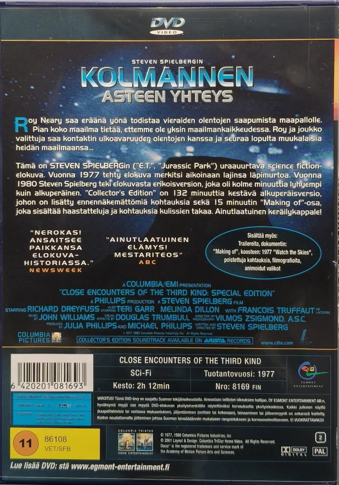 2 DVD) Steven Spielberg: Kolmannen asteen yhteys (1977) SUOMIKANNET/EGMONT