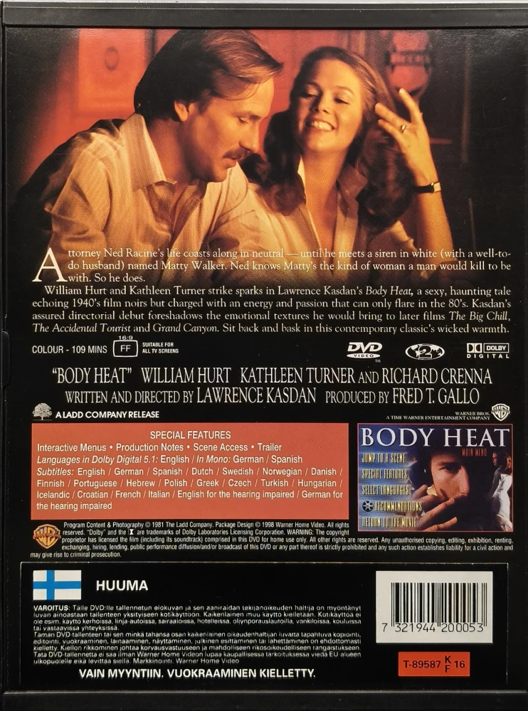 DVD) William Hurt, Kathleen Turner: Body Heat - Huuma (1981) SUOMITEKSTIT